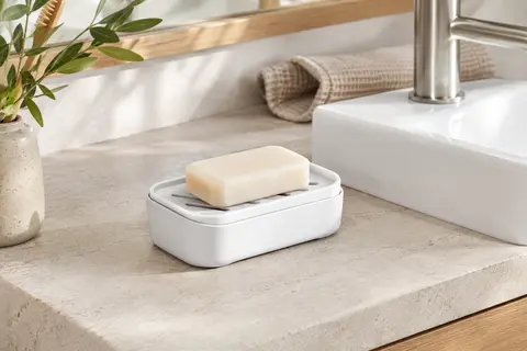 Porte-savon blanc à support amovible posé près d’un lavabo sur une surface en pierre claire.
