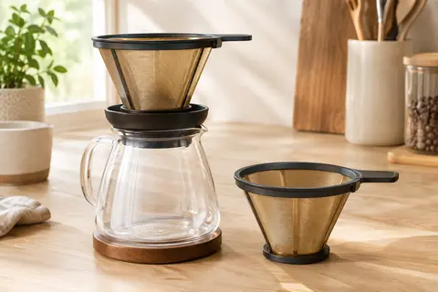 Deux filtres à café permanents dorés en maille fine, posés près d’une cafetière sur un plan en bois clair.