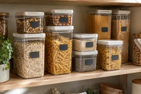 Récipients alimentaires transparents empilés avec couvercles et étiquettes dans un garde-manger
