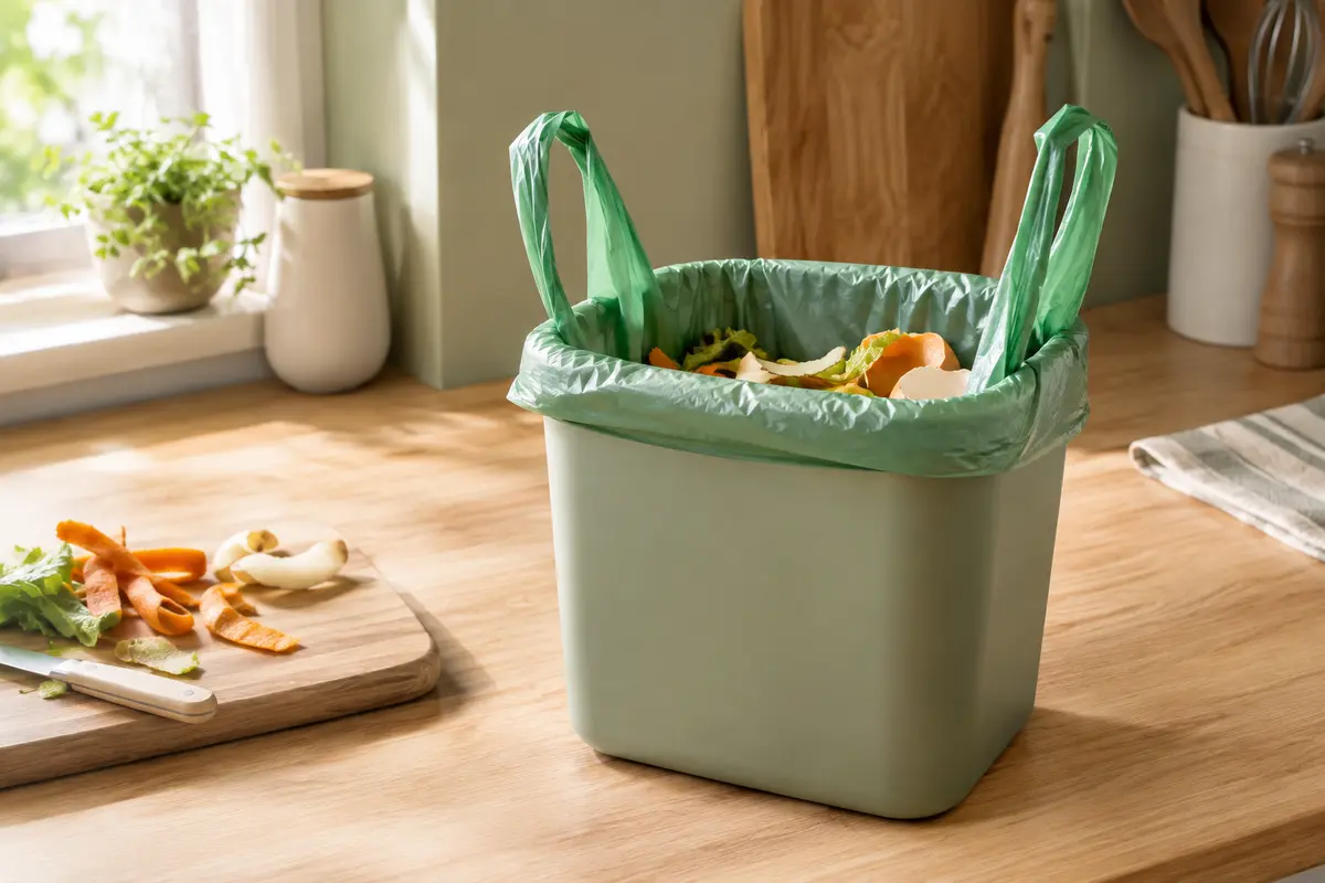 Sac poubelle vert à poignées installé dans un petit bac de cuisine pour déchets alimentaires.