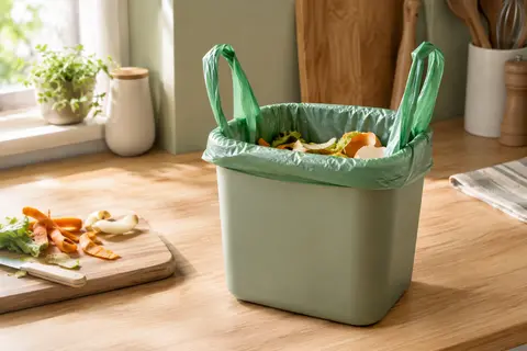 Sac poubelle vert à poignées installé dans un petit bac de cuisine pour déchets alimentaires.