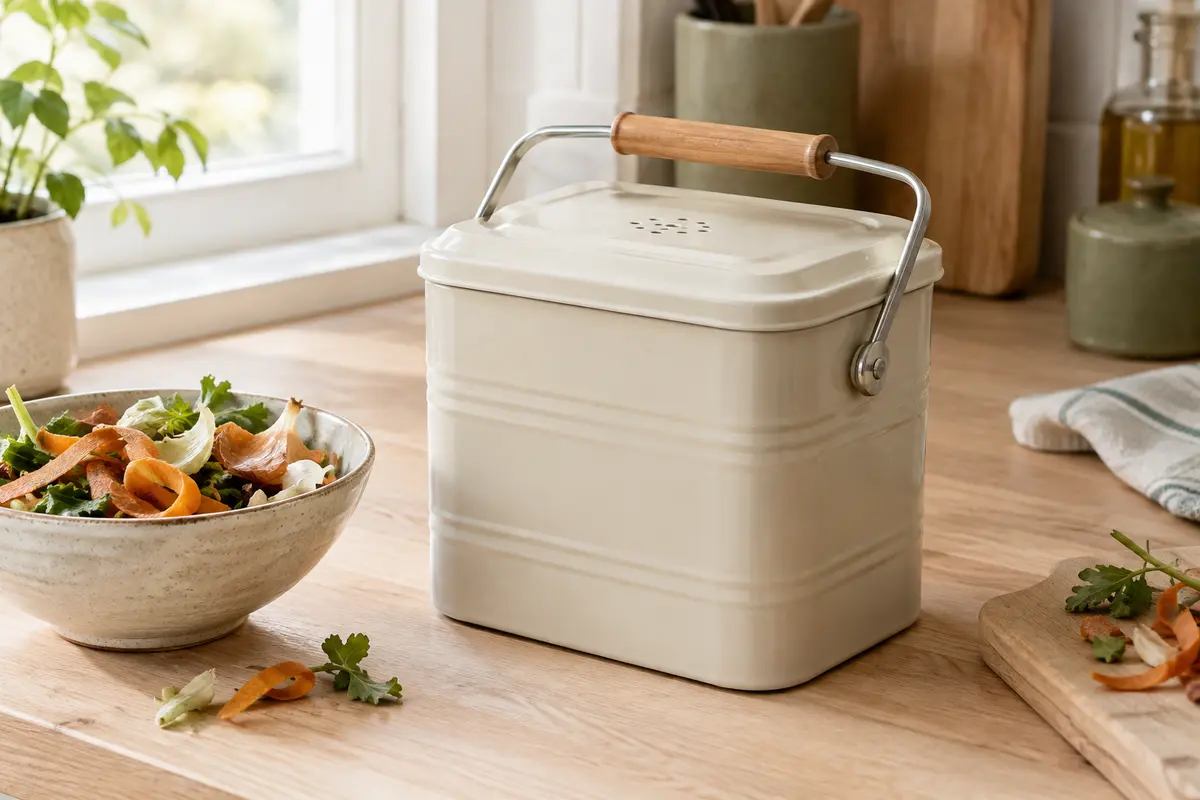 Composteur de cuisine rectangulaire en acier crème avec couvercle amovible et poignée en bois