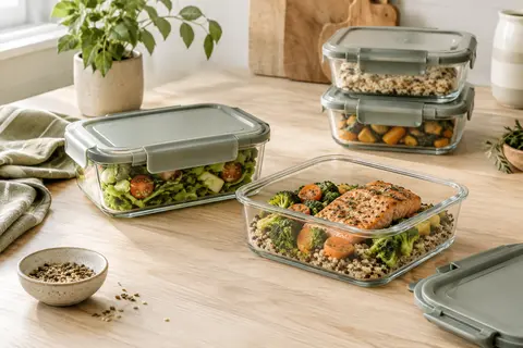 Boîtes rectangulaires en verre transparent avec couvercles gris à bouton-pression posées sur une table claire.