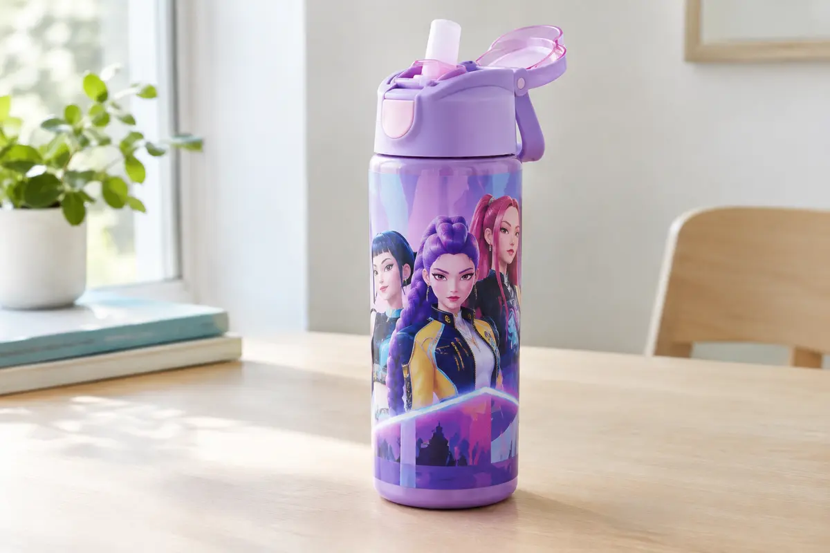 Gourde multicolore KPop Demon Hunters avec couvercle à vis et paille rabattable, posée sur du bois clair.