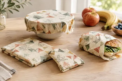 Trois emballages alimentaires en coton enduit, dont un modelé autour d’un bol et un autre autour d’un sandwich.