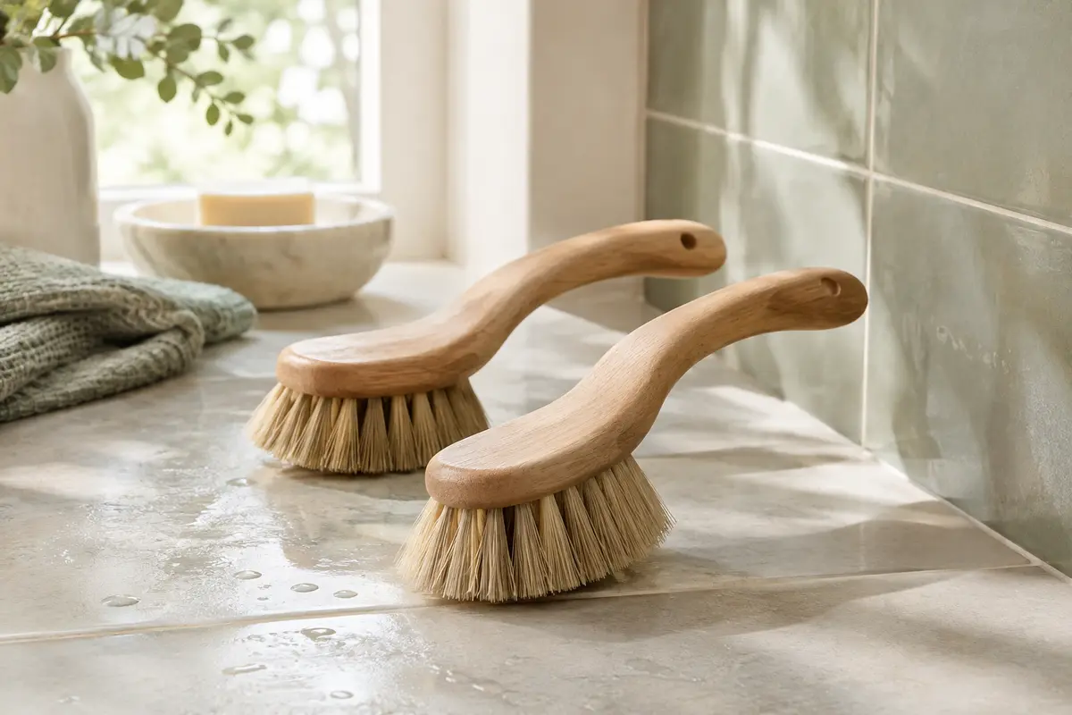 Deux brosses à récurer en bois à poignée en S et fibres naturelles beige, posées près d’un carrelage.