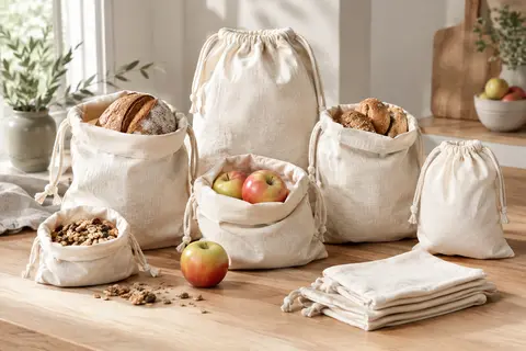 Huit sacs en coton naturel à cordon, de tailles variées, posés près de pain et de légumes.