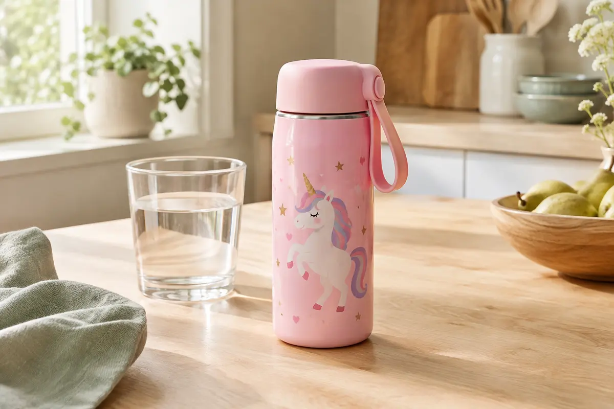 Bouteille isotherme rose à motif de licorne et poignée en silicone, posée sur une table en bois clair.