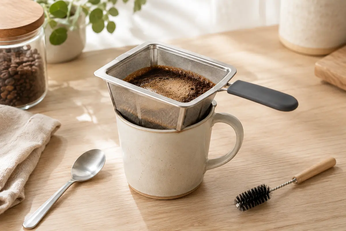 Filtre à café manuel en acier inoxydable posé sur une tasse, avec cuillère et brosse de nettoyage