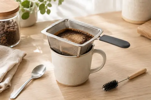 Filtre à café manuel en acier inoxydable posé sur une tasse, avec cuillère et brosse de nettoyage