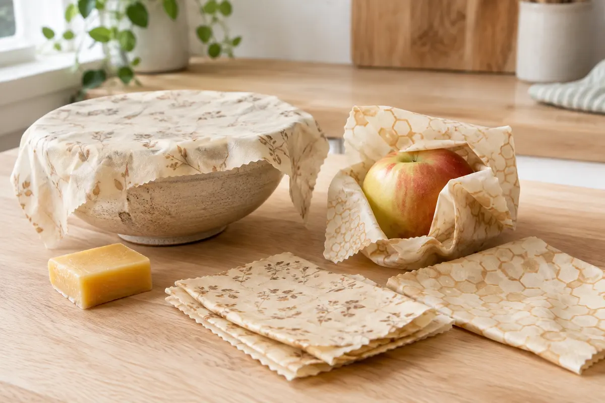 Wraps alimentaires en coton écru façonnés autour d’un bol et d’un fruit sur une table en bois clair.