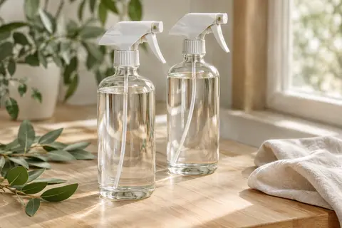 Deux vaporisateurs en verre transparent posés sur du bois clair près de feuilles de plante