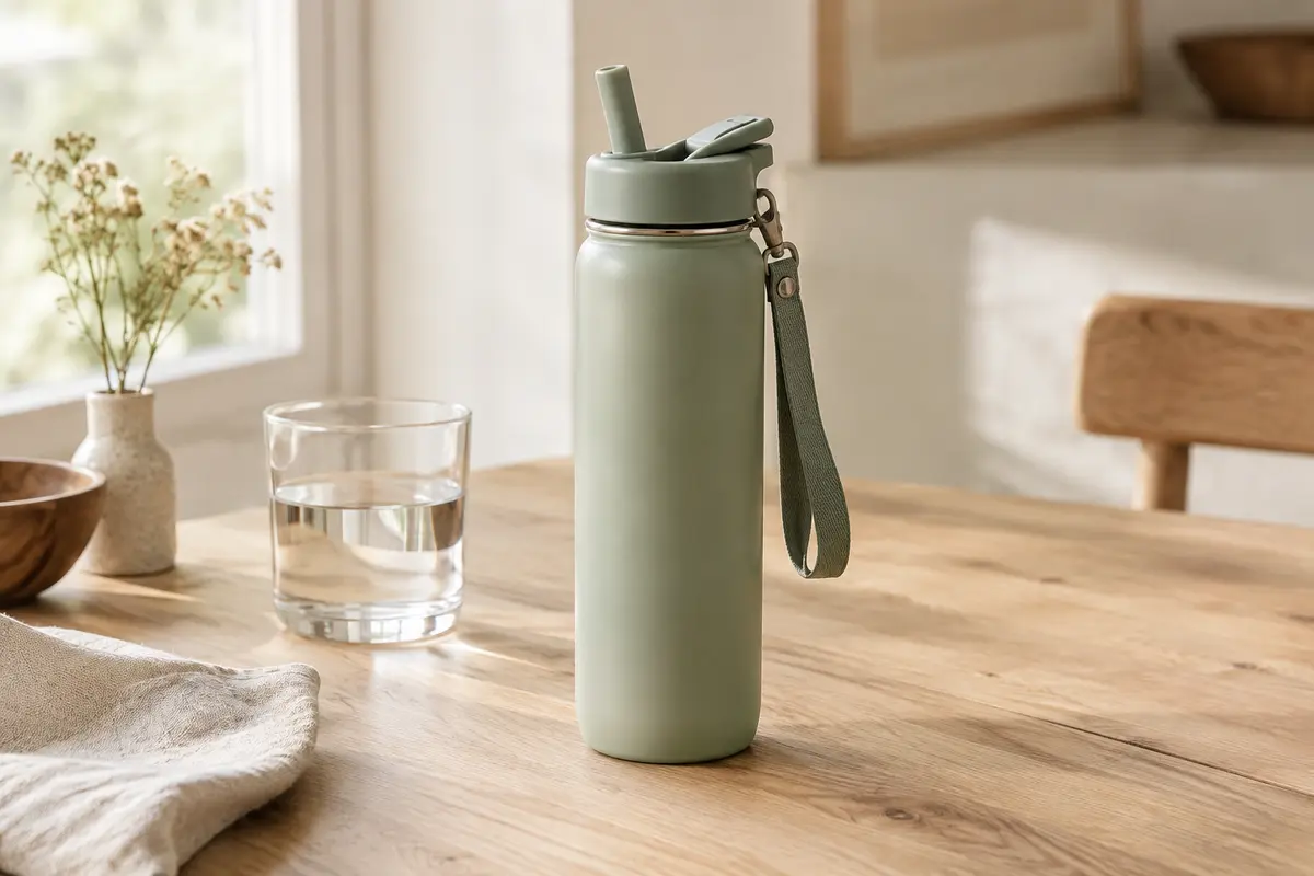 Gourde isotherme sauge avec bouchon à paille et dragonne posée sur une table en bois clair.