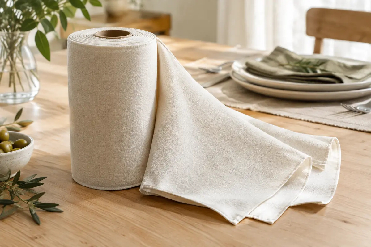 Rouleau d’essuie-tout lavables en coton avec des feuilles déroulées sur un plan de travail en bois clair