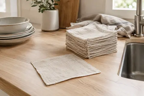 Carrés d’essuie-tout lavables en coton beige pliés sur un plan de travail en bois clair