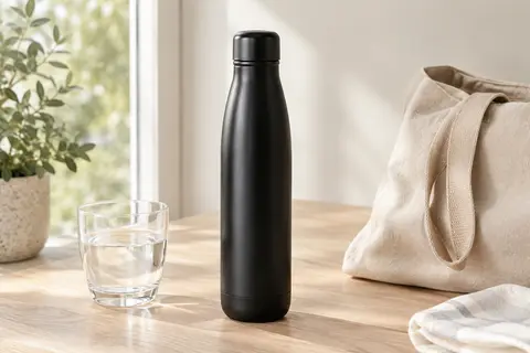 Gourde isotherme noire en inox à bouchon à vis posée sur une surface en bois clair.