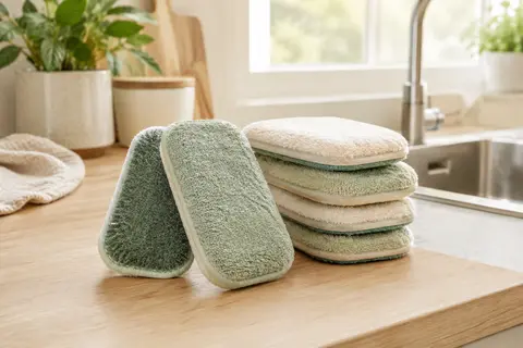 Lot d’éponges pastel lavables, montrant une face douce en microfibre et une face grattante.