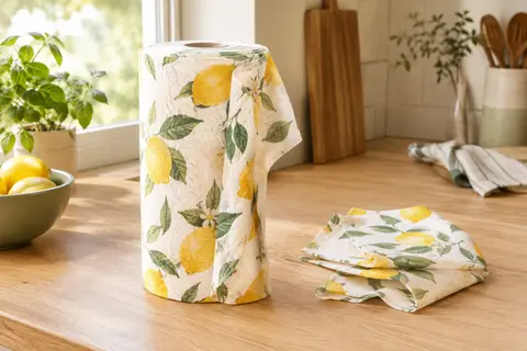 Rouleau de feuilles d’essuie-tout lavables en coton à motif citronné posé sur un plan de travail clair.