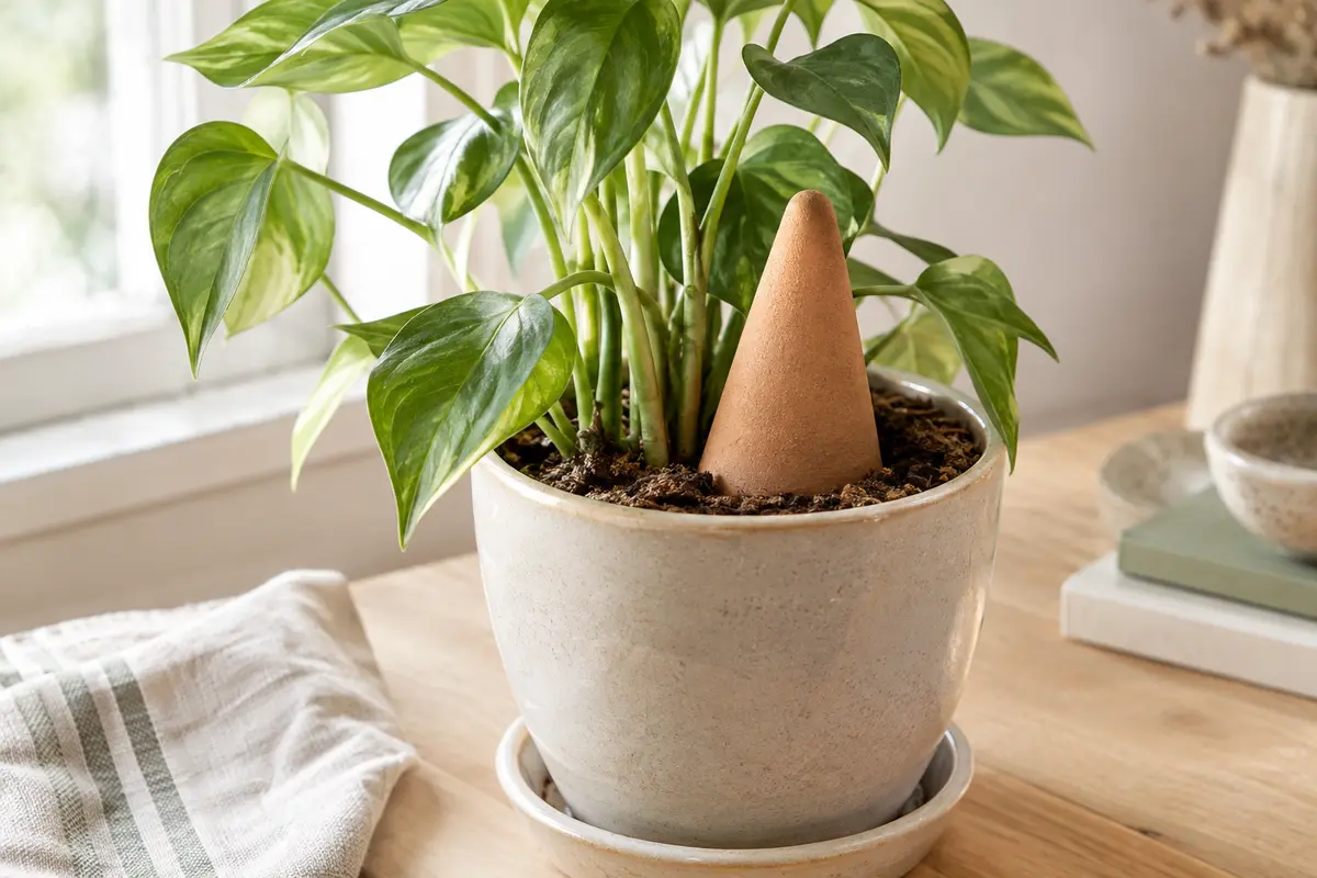 Cône d’arrosage en argile placé dans la terre d’un pot de plante près d’une fenêtre
