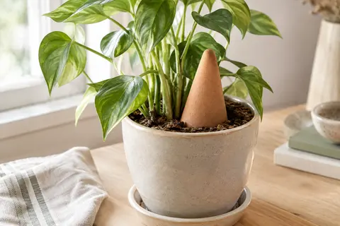 Cône d’arrosage en argile placé dans la terre d’un pot de plante près d’une fenêtre