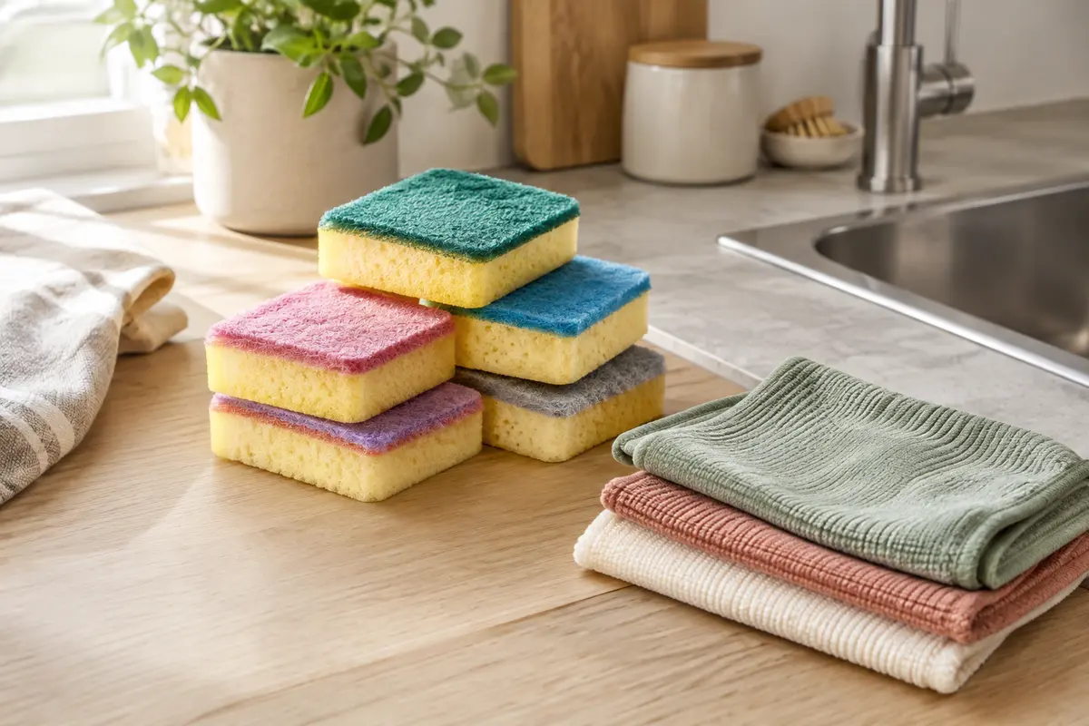 Lot d’éponges lavables multicolores et de chiffons microfibre posé près d’un évier de cuisine
