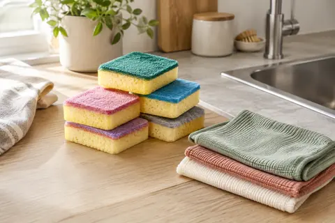 Lot d’éponges lavables multicolores et de chiffons microfibre posé près d’un évier de cuisine