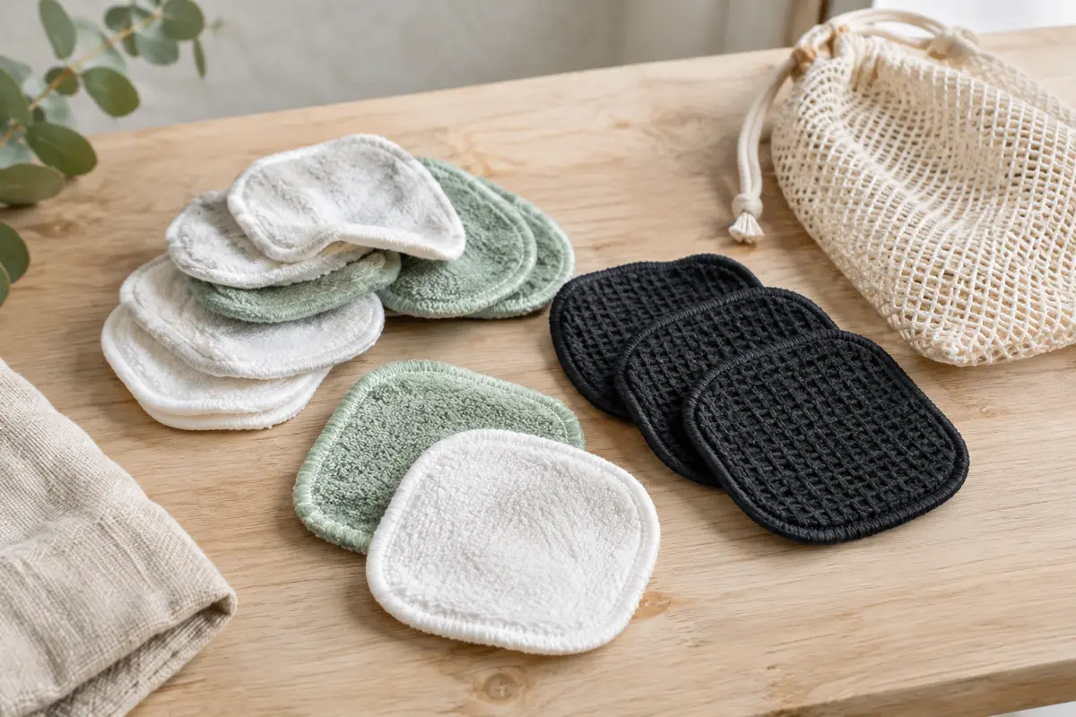 Lingettes démaquillantes blanches, menthe et noires avec leur filet de lavage en maille