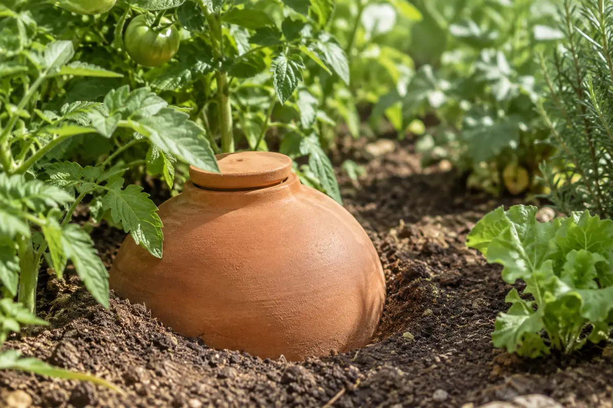 Olla en terre cuite partiellement enterrée près de plants de légumes dans un jardin lumineux.
