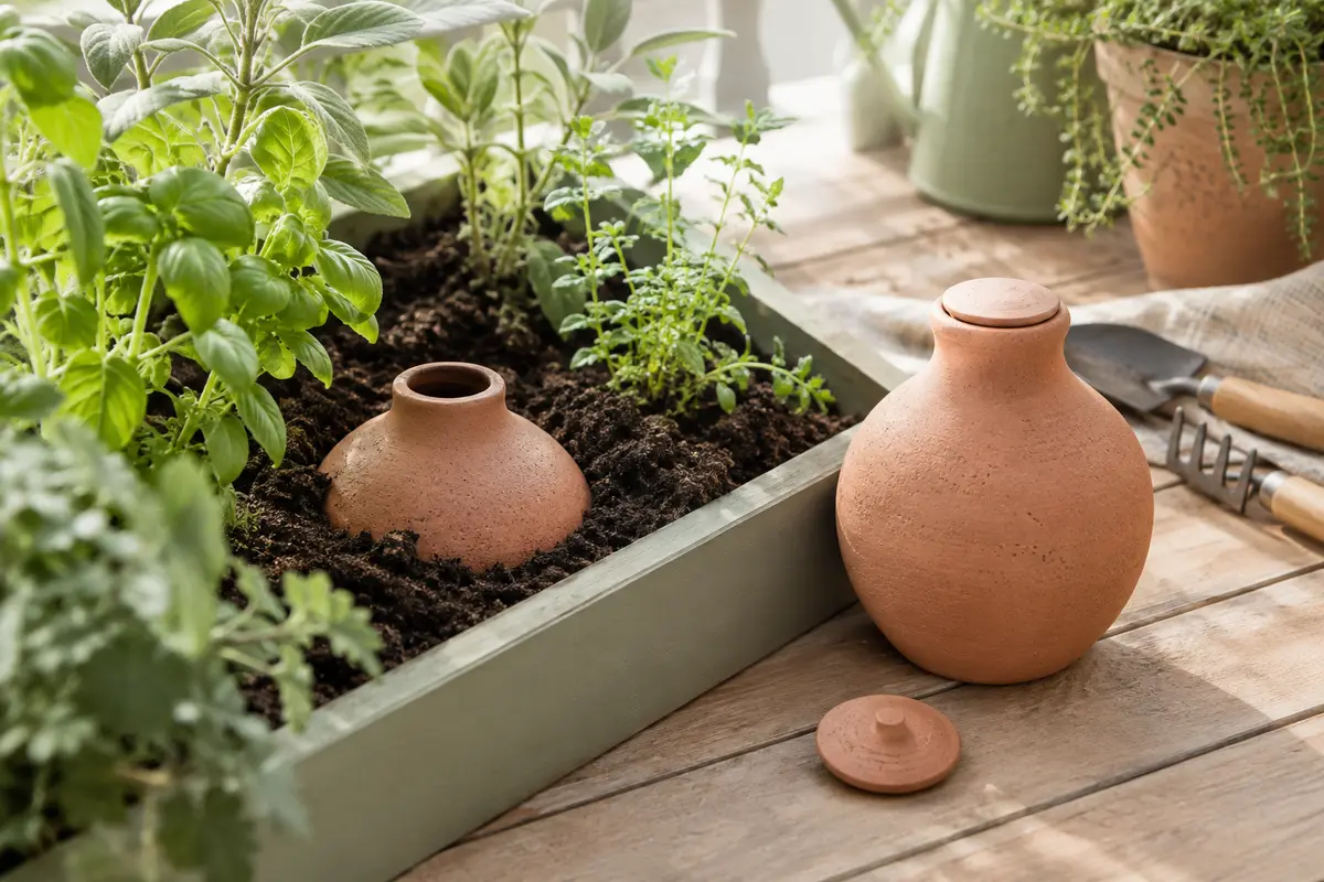 Deux oyas en terre cuite, dont une enterrée près de jeunes plantes dans un bac de jardin.