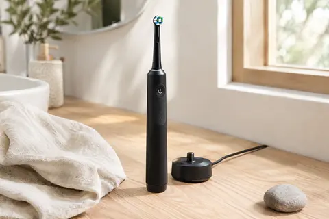 Brosse à dents électrique noire à tête ronde posée sur un plan en bois clair près de son chargeur.