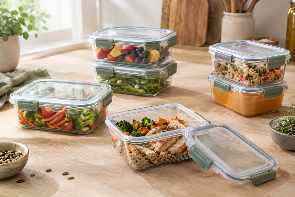 Boîtes alimentaires transparentes à couvercles clipsés, empilées sur un plan de cuisine en bois clair.