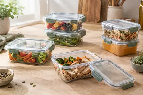 Boîtes alimentaires transparentes à couvercles clipsés, empilées sur un plan de cuisine en bois clair.