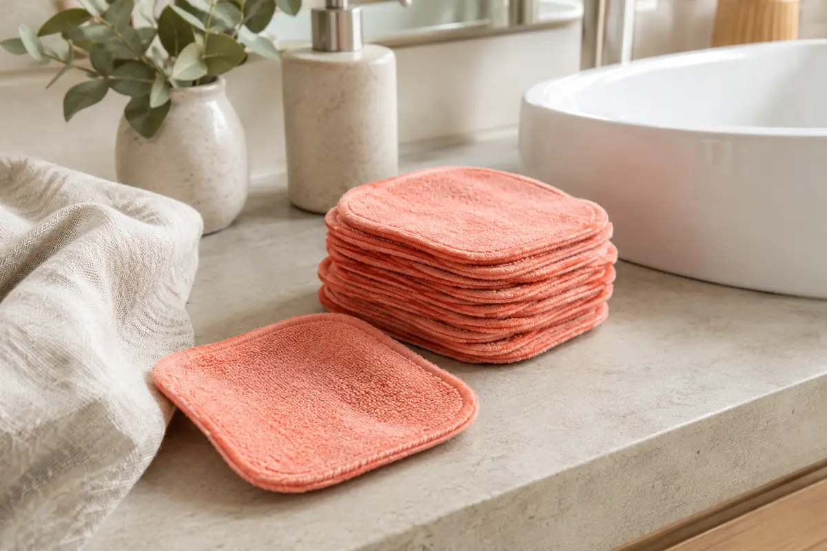 Carrés démaquillants en microfibre corail empilés près d’un lavabo sur une surface claire.