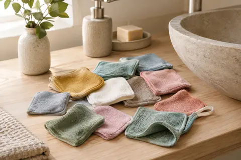 Douze lingettes démaquillantes carrées en microfibre multicolore posées sur une surface en bois clair