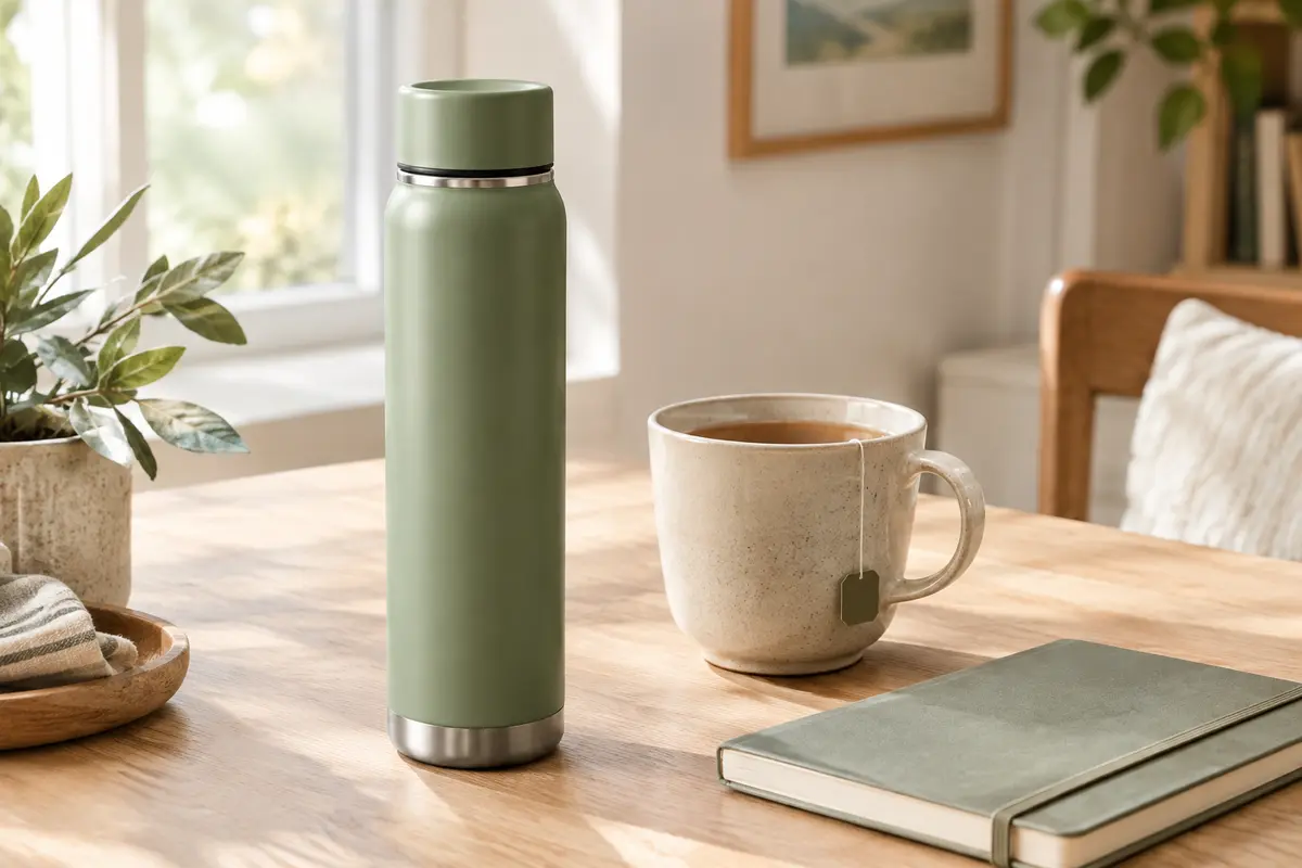 Gourde isotherme verte en inox avec bouchon à vis, posée près d’une tasse sur une table en bois clair.
