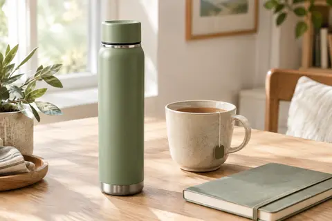 Gourde isotherme verte en inox avec bouchon à vis, posée près d’une tasse sur une table en bois clair.