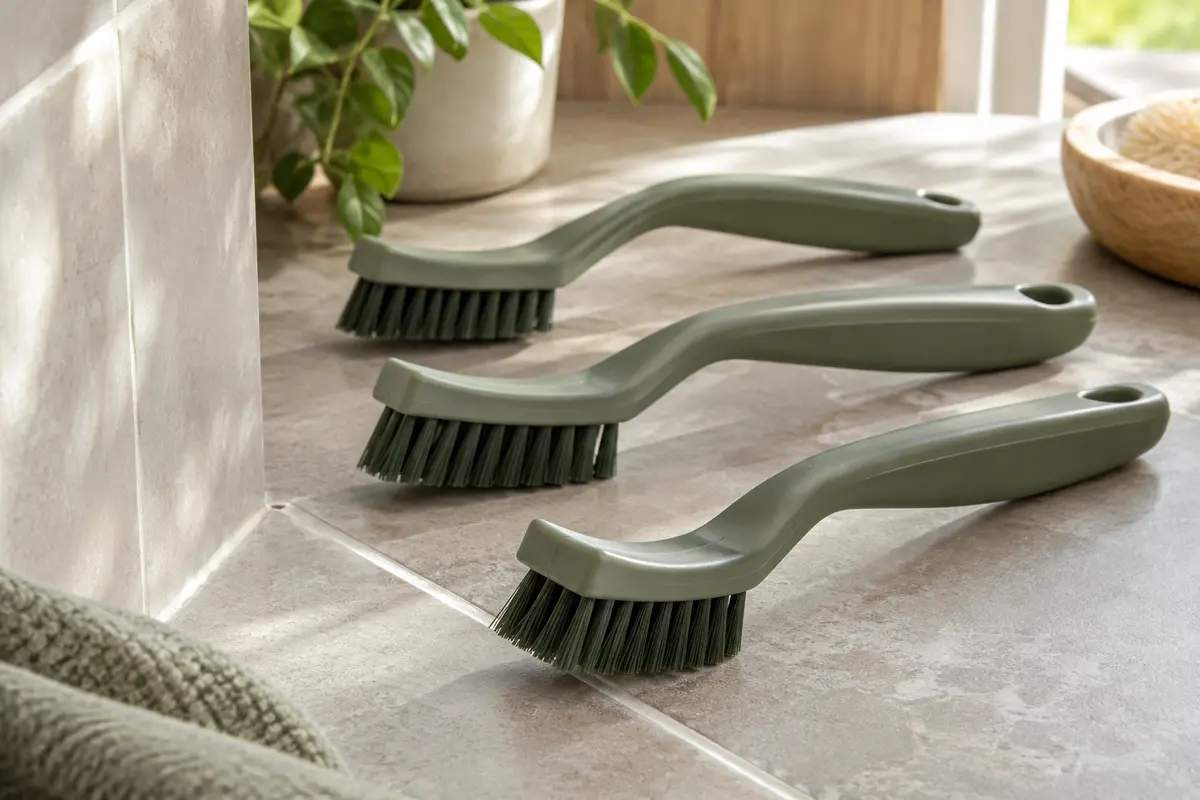 Trois brosses à joints Nori à tête incurvée près d’un carrelage, avec leurs poils fermes visibles.