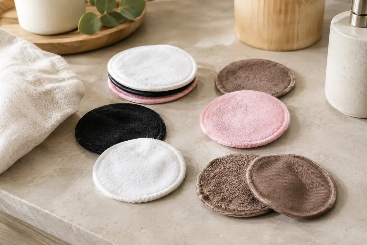 Huit disques démaquillants lavables en quatre coloris posés sur une surface claire de salle de bain.