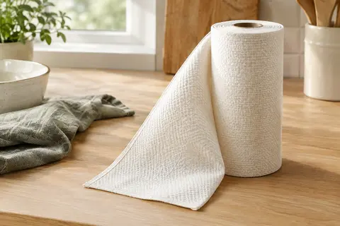 Rouleau de 20 feuilles d’essuie-tout lavable en bambou posé sur un plan de cuisine clair