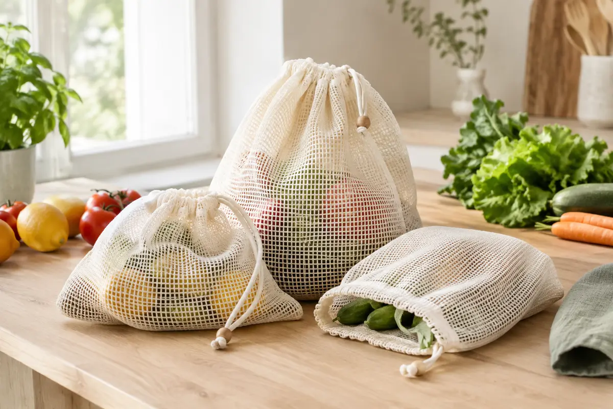 Trois filets blancs en coton avec cordons et perles en bambou, posés près de fruits et légumes.