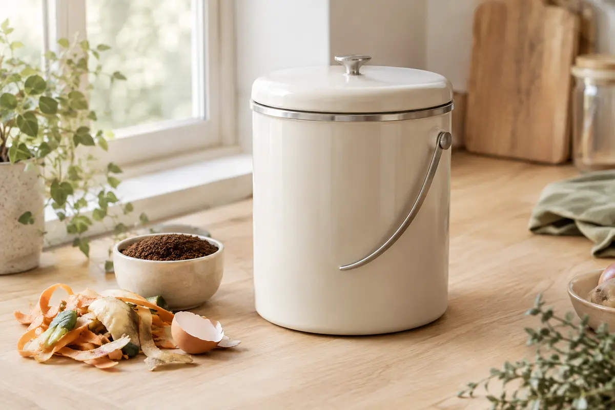 Bac à compost cylindrique crème posé sur un plan de travail en bois clair, avec son couvercle.