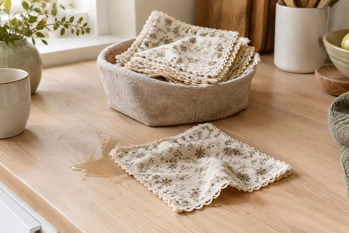 Carrés d’essuie-tout lavables en coton beige à motif floral, pliés sur un plan de travail en bois clair.