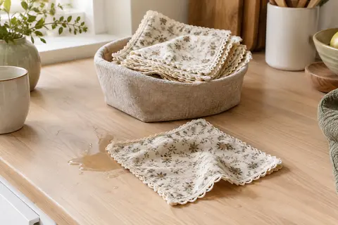 Carrés d’essuie-tout lavables en coton beige à motif floral, pliés sur un plan de travail en bois clair.