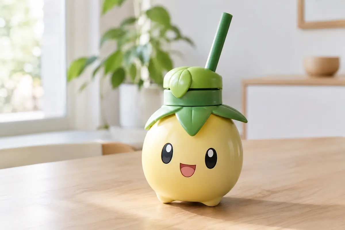 Gourde enfant Pokémon en plastique transparent avec paille, posée sur une table en bois clair