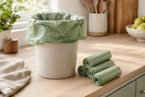 Sacs poubelle verts en rouleaux et sac ouvert dans une petite corbeille sur un plan en bois clair