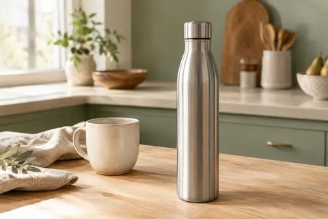 Bouteille isotherme Qwetch en inox brossé posée sur une table en bois clair près d’une tasse