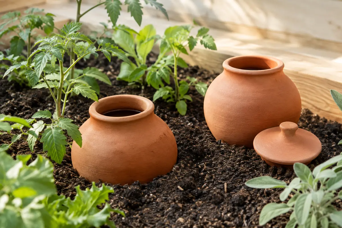 Deux ollas en céramique terre cuite, dont une enterrée près de plants de potager.