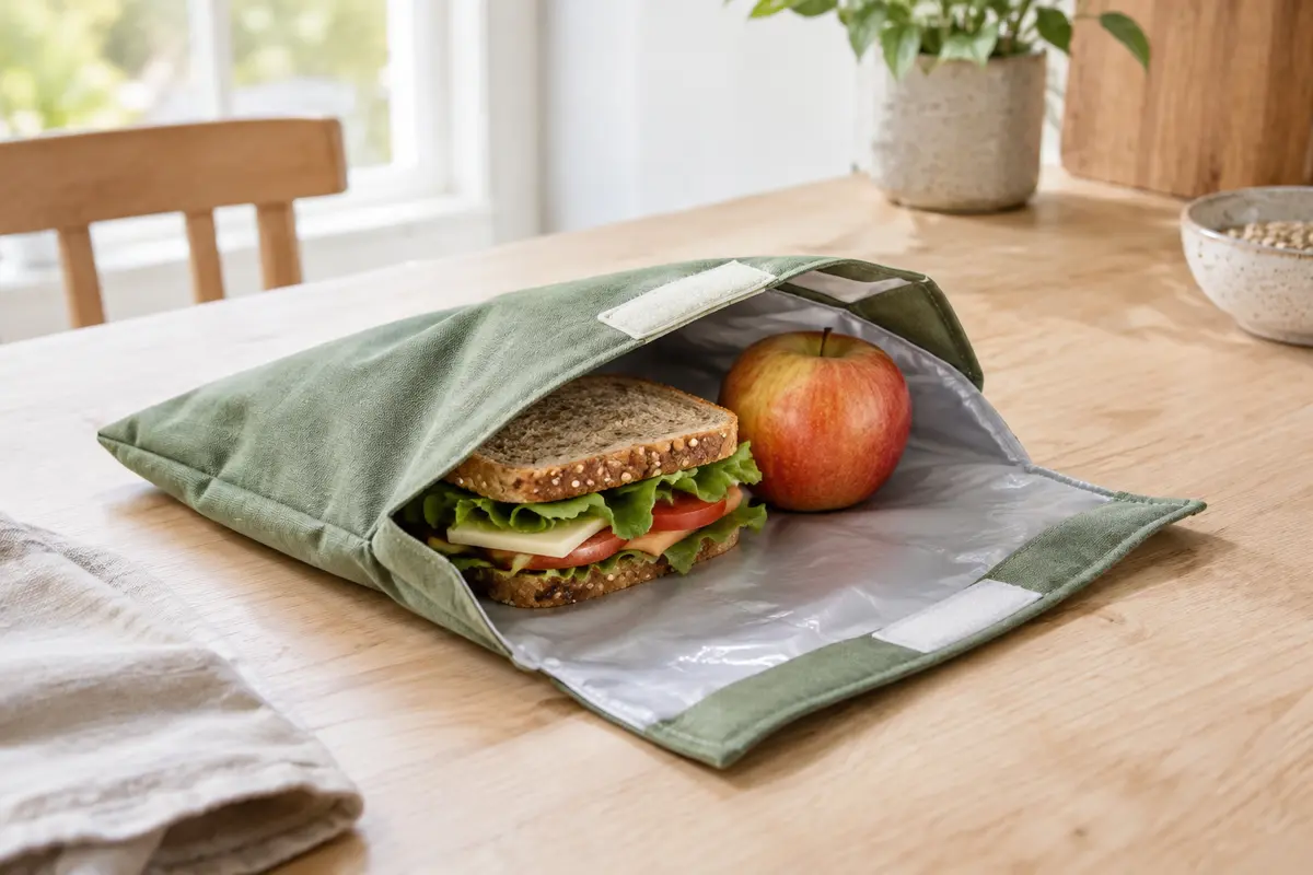 Emballage à sandwich réutilisable vert déplié en set de table sur une surface en bois clair