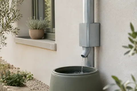 Collecteur d’eau de pluie compact en zinc près d’une descente pluviale, avec un récipient de récupération.