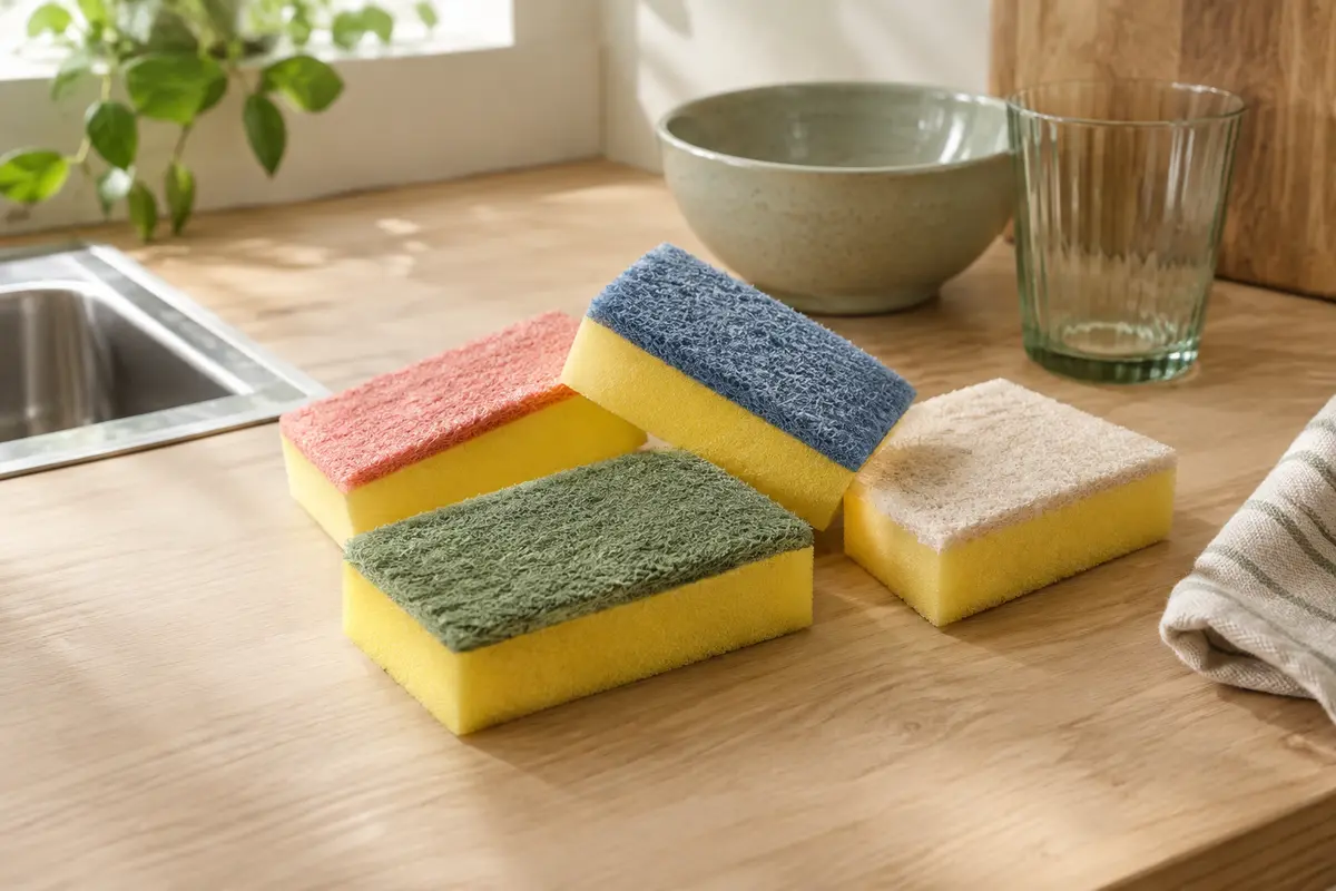 Quatre éponges double face, avec une surface texturée colorée et une face jaune en mousse absorbante